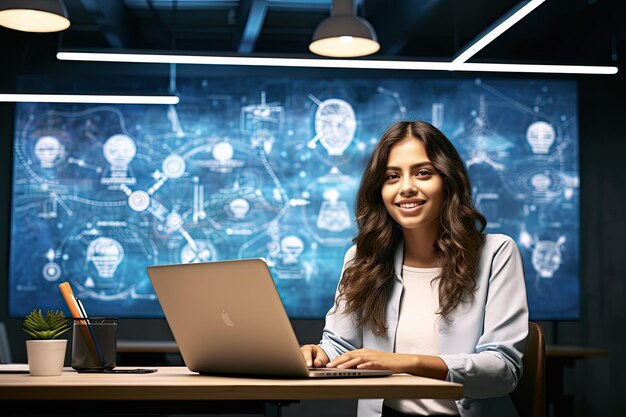 woman works at a laptop communicates on social networks or calls using instant messengers