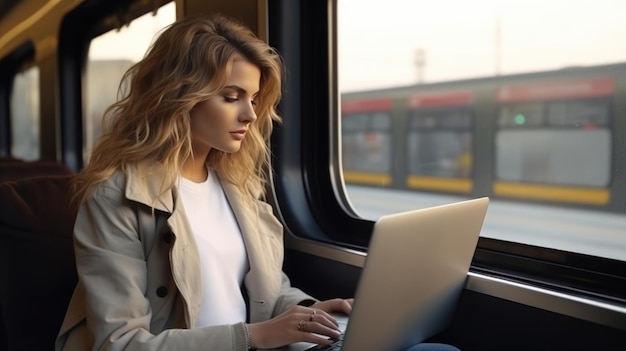 Photo woman works on a laptop during a travel photo realistic