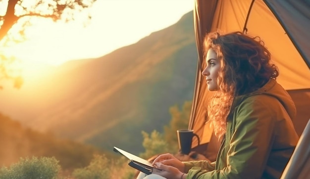 Woman works at a laptop in the mountains near a tent