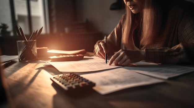 A woman works on a paper with a calculator on the table.