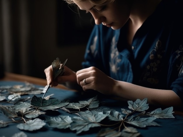 A woman works on a paper with leaves on it.