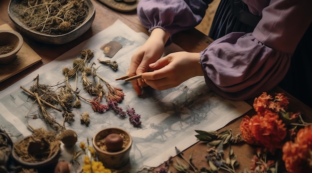 A woman works on a piece of art with a picture of a plant.