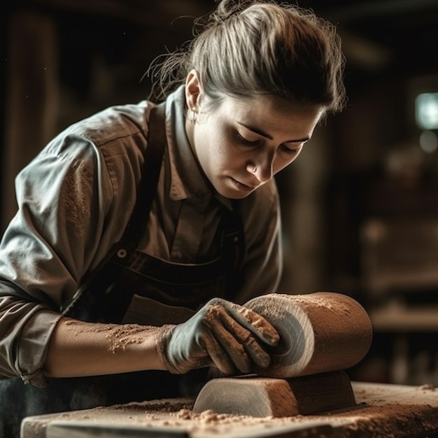 A woman works on a piece of pottery.