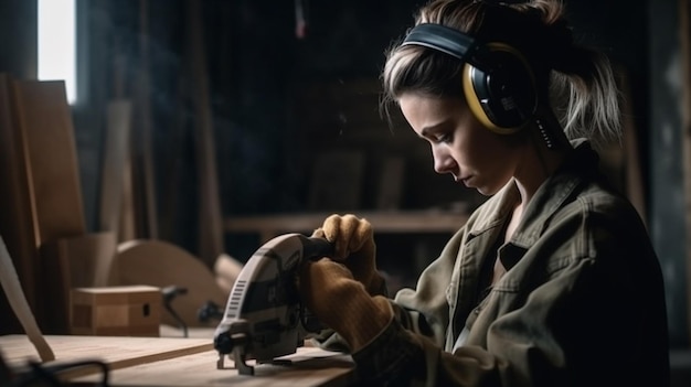 A woman works on a piece of wood with a hand saw.