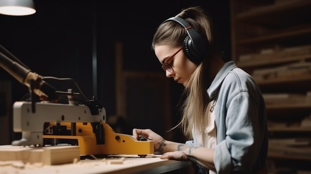 A woman works on a piece of wood with a pair of headphones.