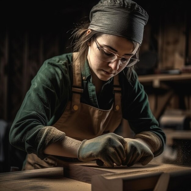 A woman works on a piece of wood.