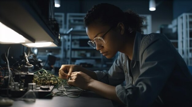 Photo a woman works on a plant in a dark room.