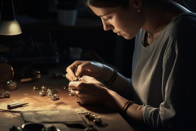 A woman works on a ring in a dark room.