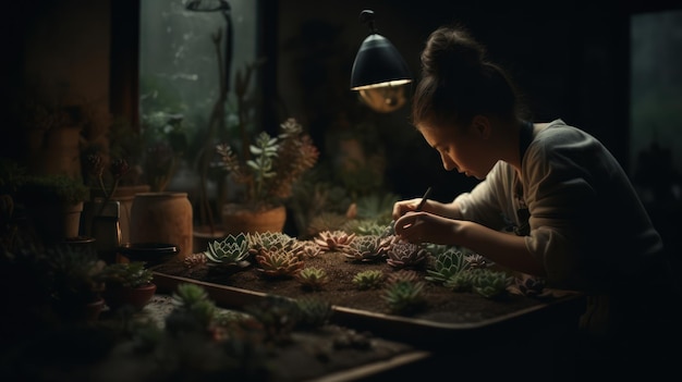A woman works on a succulent plant at a table.