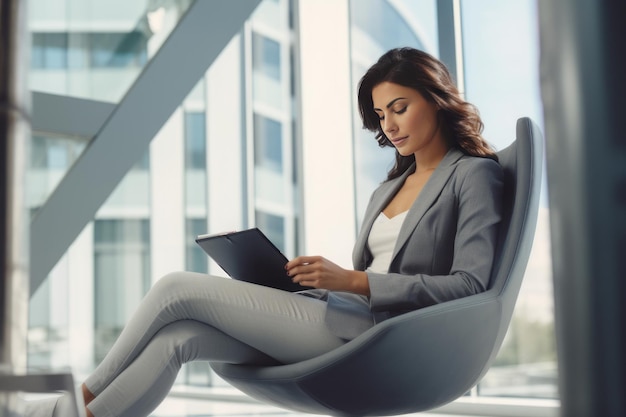 A woman works with a tablet in a modern office