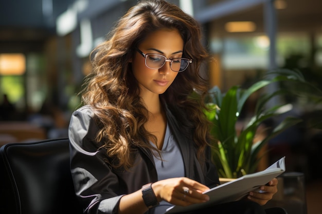 A woman works with a tablet in a modern office