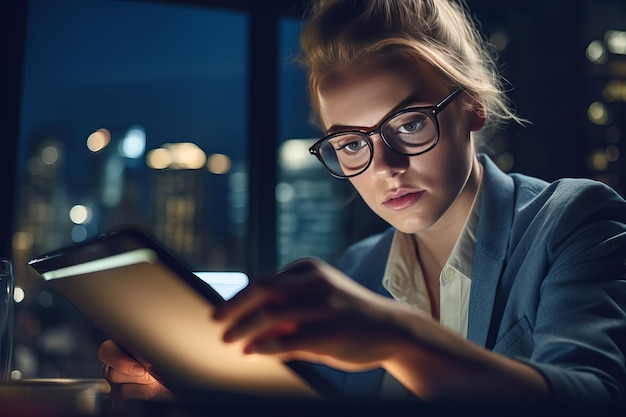 A woman works with a tablet in a modern office