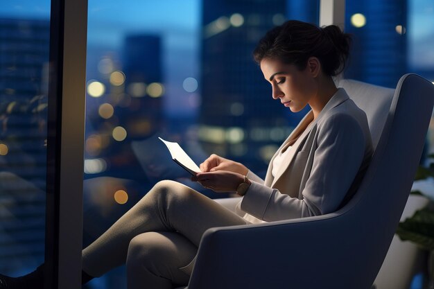 A woman works with a tablet in a modern office