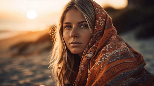 A woman wrapped in a blanket sits on a beach