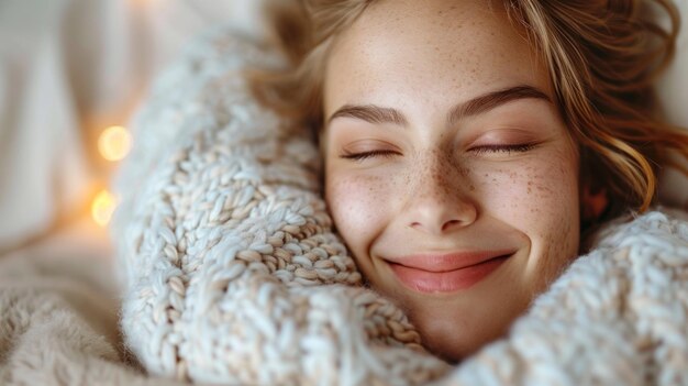 A woman wrapped in a blanket smiles warmly