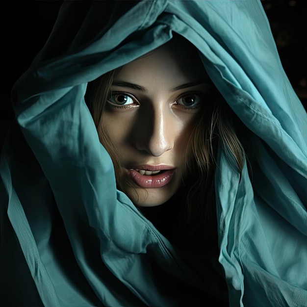 Photo woman wrapped in a blue blanket mysterious and medievalinspired