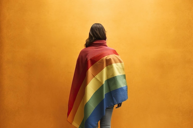 Foto donna avvolta in una coperta colorata dell'arcobaleno diritti lgbtiq