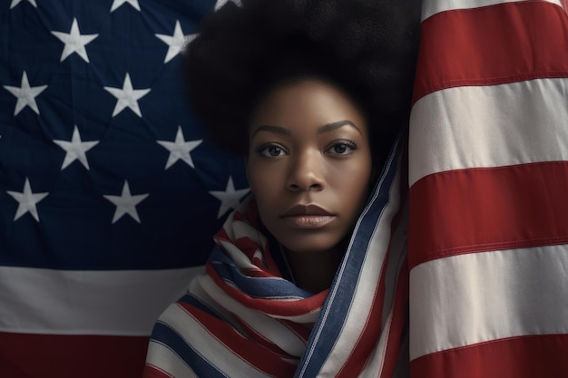 Woman wrapped in usa flag 4th july concept juneteenth