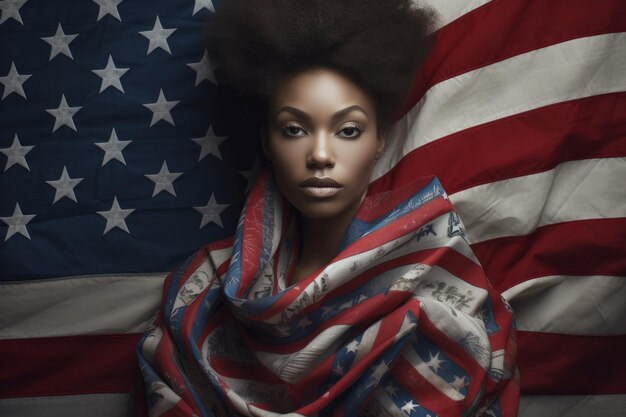 Woman wrapped in usa flag 4th july concept juneteenth