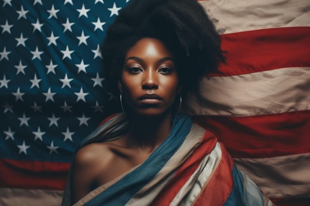 Woman wrapped in usa flag 4th july concept juneteenth