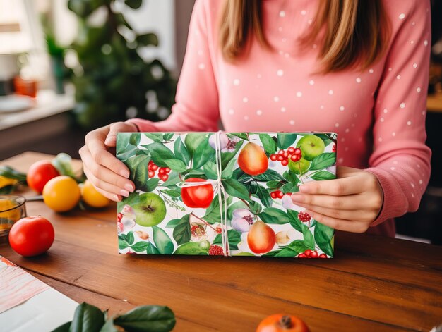 Photo woman wrapping presents with holiday themed wrapping paper