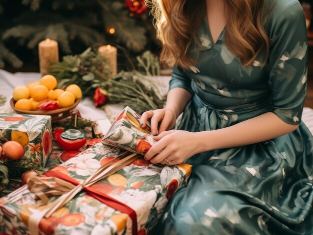 Photo woman wrapping presents with holiday themed wrapping paper