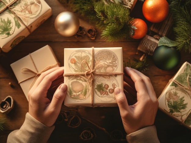 Woman wrapping presents with holiday themed wrapping paper