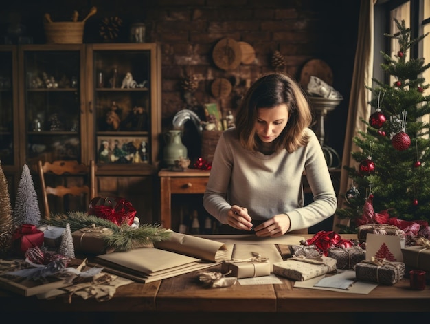 Woman wrapping presents with holiday themed wrapping paper