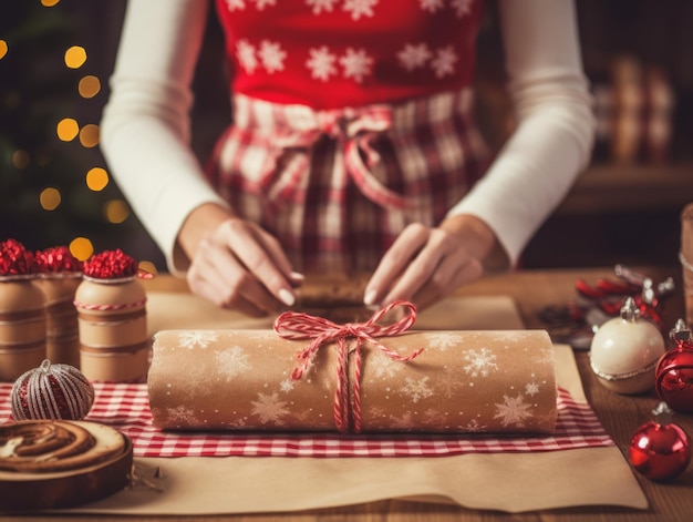 Woman wrapping presents with holiday themed wrapping paper