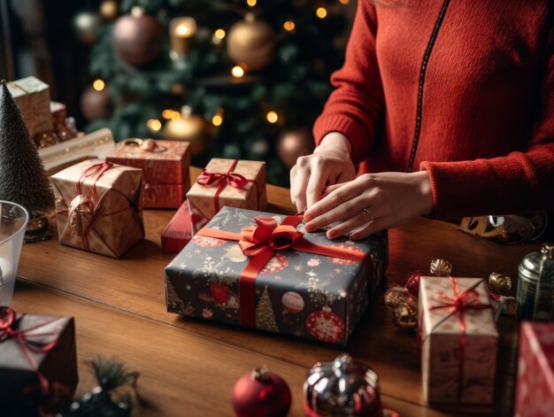 Woman wrapping presents with holiday themed wrapping paper