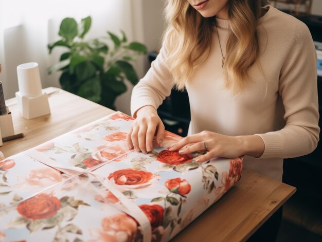 Женщина упаковывает подарки в праздничную упаковочную бумагу