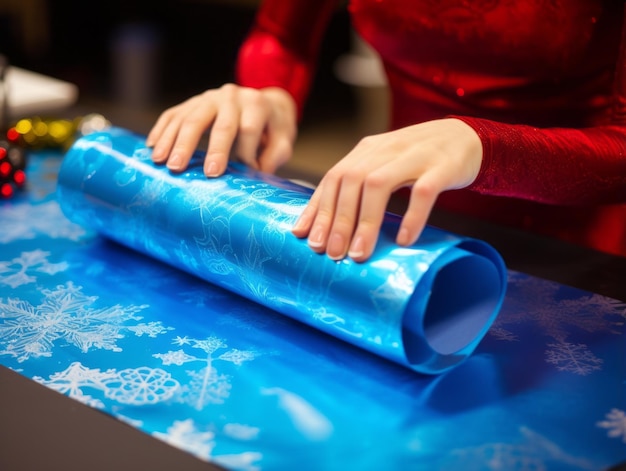 Woman wrapping presents with holiday themed wrapping paper