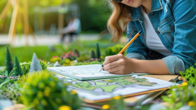 Photo woman writes in notebook surrounded by plants in garden aig