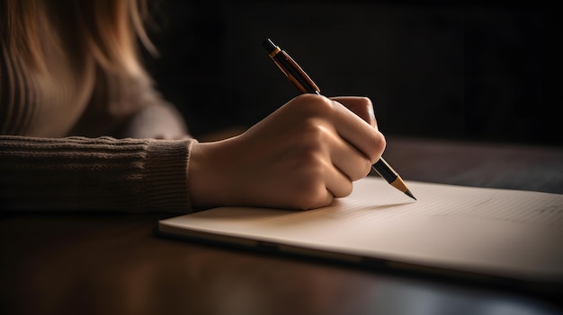 A woman writes in a notebook with a pencil.