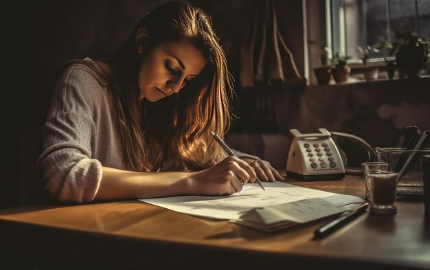 A woman writes on a paper with a phone in her hand.