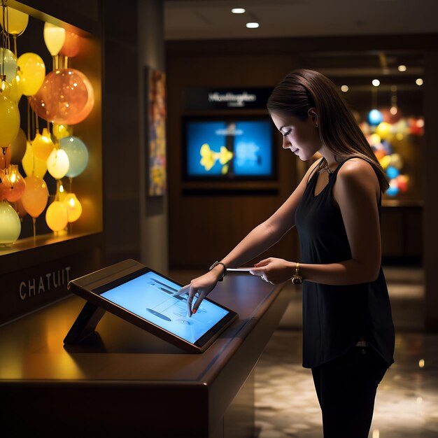 a woman writes on a tablet in front of a display with the word chandelier on it