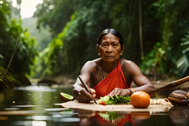 Foto una donna scrive in acqua con un bastone in mano.