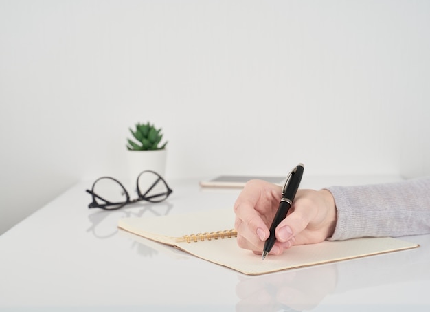 Woman Writing in notebook, Office Work Concept