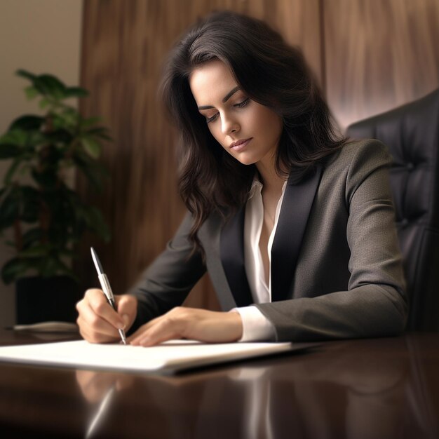 Photo a woman writing in a notebook with a pen in her hand.