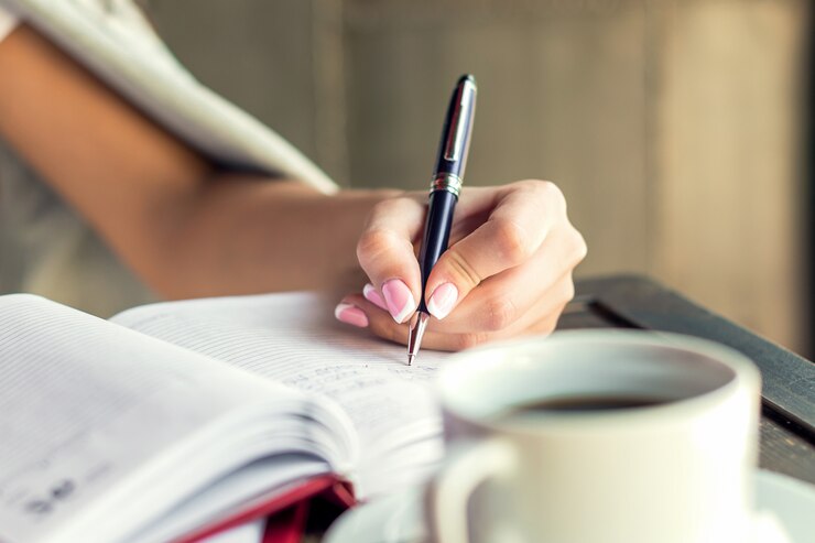Photo woman writing in notepad.