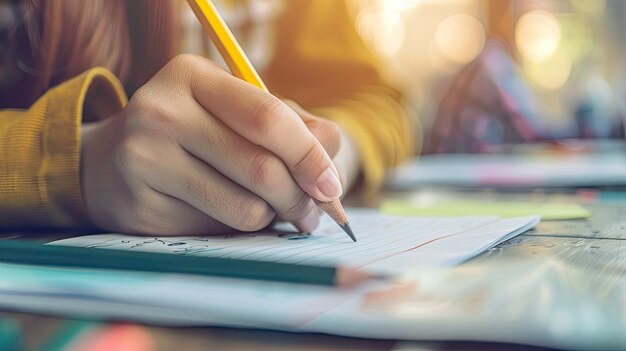 Foto una donna che scrive su un pezzo di carta con una penna in mano