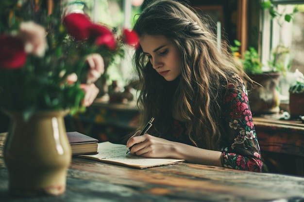 Photo woman writing a romantic love letter to someone