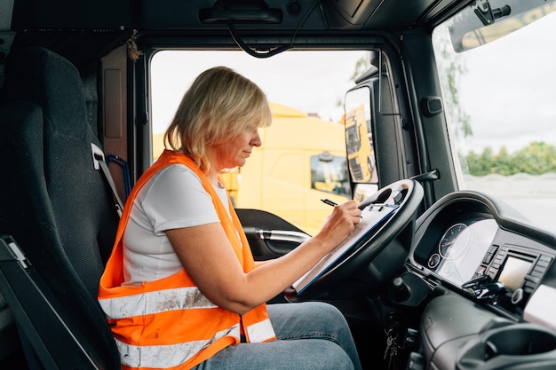 Photo woman writing while sitting in truck