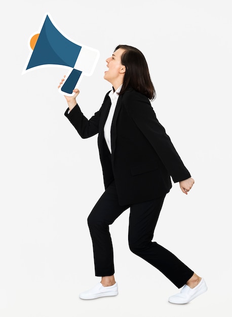 Woman yelling into a megaphone