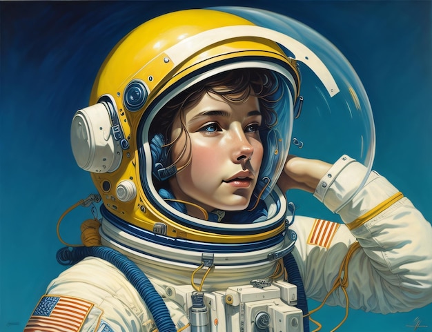 Женщина в желтом костюме космонавта со словом «космос» спереди.