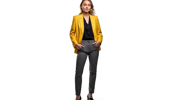 A woman in a yellow blazer and black pants stands in front of a white background.
