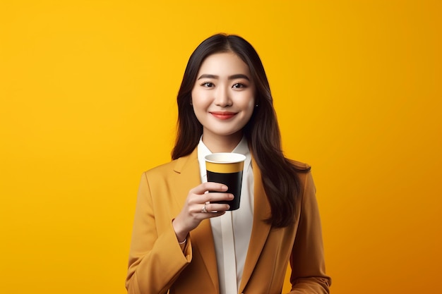 A woman in a yellow blazer holds a cup of coffee in front of a yellow background.