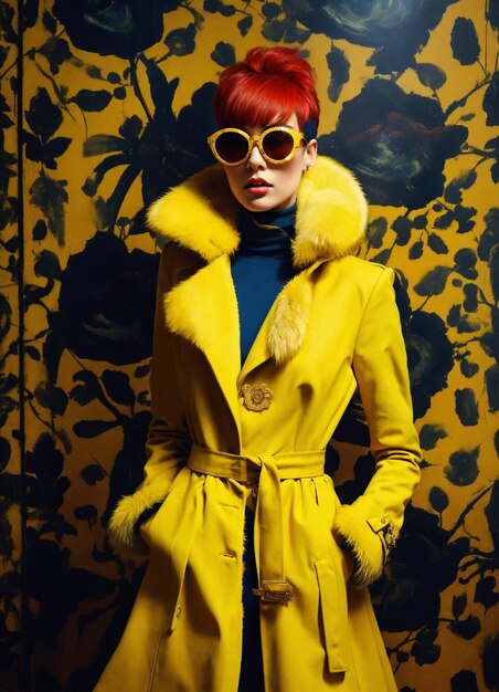 a woman in a yellow coat and a fur coat with a fur collar