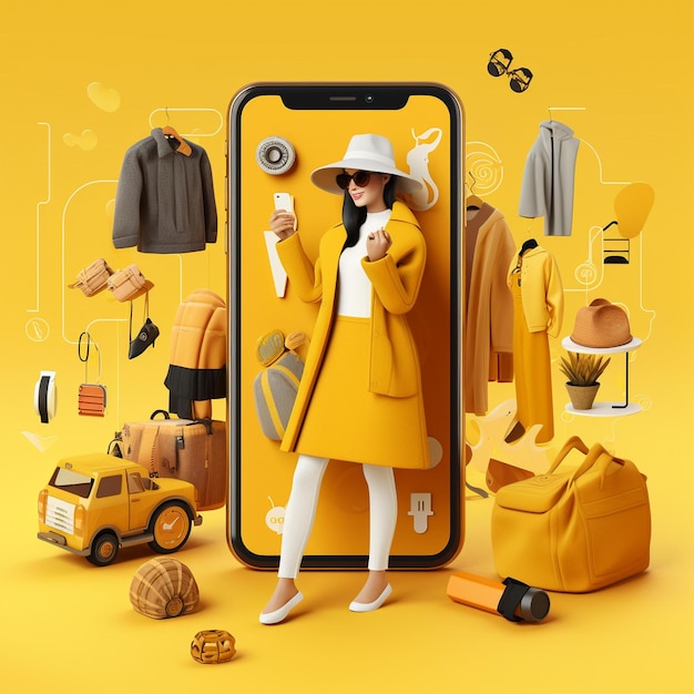 Woman in yellow coat and hat standing next to a phone with a lot of items on it