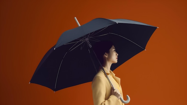 A woman in a yellow coat holds an umbrella with a white handle.